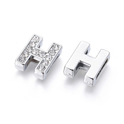 Letter H Alloy Initial Slide Charms with Grade A Rhinestones, Lead Free & Nickel Free, Platinum, Letter.H, 12~13x8~13x4~5mm, Hole: 8x2mm