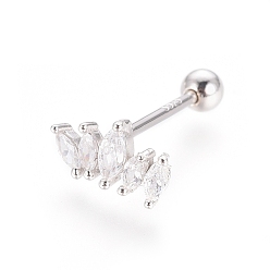 Platinum Rhodium Plated 925 Sterling Silver Barbell Cartilage Earrings, Screw Back Earrings, with Micro Pave Clear Cubic Zirconia, with 925 Stamp, Crown, Platinum, 5x9x1.5mm, Pin: 0.8mm