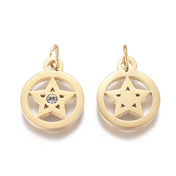 Real 18K Gold Plated 316 Surgical Stainless Steel Charms, with Micro Pave Cubic Zirconia and Jump Ring, Long-Lasting Plated, Pentacle, Clear, Real 18K Gold Plated, 15x12x1.5mm, Hole: 3.5mm
