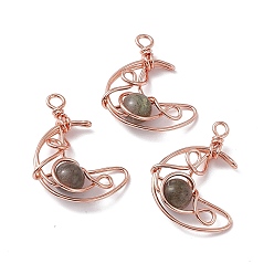 Labradorite Natural Labradorite Pendants, Moon Charms, with Rack Plating Rose Gold Tone Brass Findings, Cadmium Free & Lead Free, 31.5~33x22x8.5mm, Hole: 2.5~3mm
