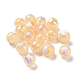 Pêche Placage uv perles acryliques transparentes irisées arc-en-ciel avec émail, rond avec le mot bon, peachpuff, 17mm, Trou: 2.5mm