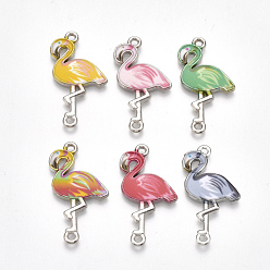 Mixed Color Printed Alloy Links connectors, with Enamel, Flamingo Shape, Platinum, Mixed Color, 31x17x1.5mm, Hole: 1.6mm