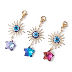 Mixed Color Electroplate Glass Star Pendant Decorations, with Brass Solar Eclipse Links and Resin Evil Eye Cabochons, Mixed Color, 52mm