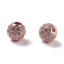 Rose Gold Brass Cubic Zirconia Beads, Round, Rose Gold, 8x8mm, Hole: 1.5mm