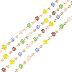Yellow Faceted Cube Glass & Round Beaded Chains, with Light Gold Brass Findings, Soldered, Yellow, 3.5x3.5x3.5mm, 2x2mm