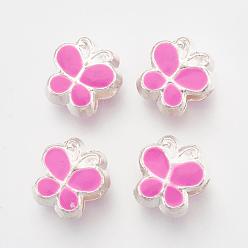 Rose Chaud Alliage papillon émail grand trou perles européennes, couleur argent plaqué, rose chaud, 10x10x7mm, Trou: 4.5mm