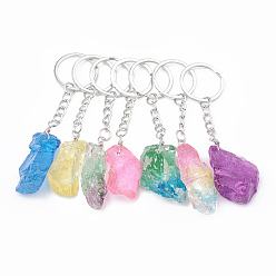 Mixed Color Dyed Natural Quartz Crystal Keychain, with Iron Findings, Nugget, Platinum, Mixed Color, 105~115mm, Pendant: 45~55x15~30x8~20mm, Ring: 18x2mm