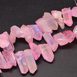 Pink Electroplated Natural Quartz Crystal Beads Strands, Nuggets, Tusk Shape, AB Color, Dyed, Pink, 7~15x18~60mm, Hole: 1mm, about 46pcs/strand, 16 inch
