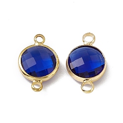 Sapphire Transparent K9 Glass Connector Charms, with Light Gold Plated Brass Findings, Faceted, Flat Round Links, Sapphire, 17.5x10.5x4.5mm, Hole: 2mm