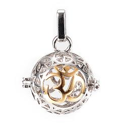 Platinum & Golden Rack Plating Brass Cage Pendants, For Chime Ball Pendant Necklaces Making, Hollow Round with Om Symbol, Platinum & Golden, 26x25x20mm, Hole: 3x7mm, inner measure: 18mm