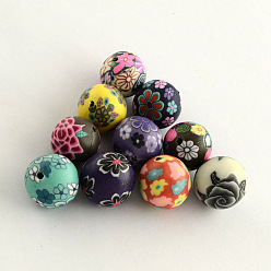Mixed Color Handmade Flower Pattern Polymer Clay Beads, Round, Mixed Color, 13~14mm, Hole: 1~2mm