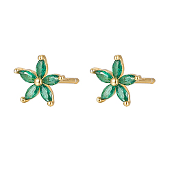 Medium Sea Green Cubic Zirconia Flower Stud Earrings, Golden 925 Sterling Silver Post Earrings, Medium Sea Green, 7.2mm