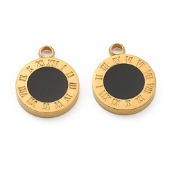 Oro Moda 304 encantos de esmalte de acero inoxidable, redondo plano con números romanos negros, dorado, 14x11x2 mm, agujero: 1.8 mm