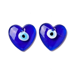 Blue Handmade Evil Eye Lampwork Pendants, Heart, Blue, 36x35x7.5mm, Hole: 3.5mm