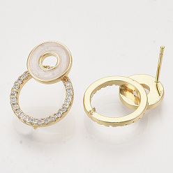 Real 18K Gold Plated Brass Micro Pave Clear Cubic Zirconia Stud Earring Findings, with Enamel and Loop, Nickel Free, Ring, Real 18K Gold Plated, 19.5x14.5mm, Hole: 0.8mm, Pin: 0.8mm