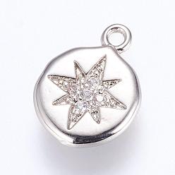 Platinum Brass Charms, with Cubic Zirconia, Flat Round with Star, Platinum, 13x9.5x2mm, Hole: 1mm