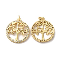 Real 18K Gold Plated Rack Plating Brass Micro Pave Clear Cubic Zirconia Pendants, with Jump Ring, Long-Lasting Plated, Lead Free & Cadmium Free, Round Ring with Tree Charm, Real 18K Gold Plated, 25x22x2.5mm, Hole: 3mm