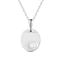 Platinum SHEGRACE Rhodium Plated 925 Sterling Silver Pendant Necklaces, with Freshwater Pearl Beads, Sports Beads, Table Tennis Bat, Platinum, 15.7 inch (40cm)