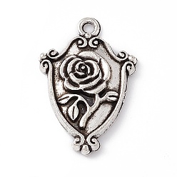 Antique Silver Tibetan Style Alloy Pendants, Shield with Rose Charm, Antique Silver, 23x15.5x2.8mm, Hole: 1.5mm