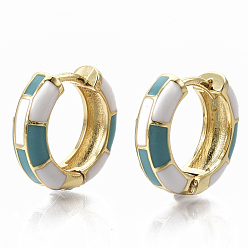 Dark Turquoise Brass Huggie Hoop Earrings, with Two Tone Enamel, Real 18K Gold Plated, Dark Turquoise, 16x16.5x5mm, Pin: 1x1mm