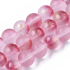 Camellia Frosted Spray Painted Glass Beads Strands, with Golden Foil, Round, Camellia, 10~11mm, Hole: 1.4~1.6mm, about 39~42pcs/Strand, 14.84 inch~15.27 inch(37.7~38.8cm)