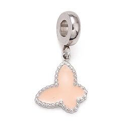 Light Salmon 304 Stainless Steel European Dangle Charms, Large Hole Pendants, with Enamel, Stainless Steel Color, Butterfly, Light Salmon, 26mm, Hole: 4.5mm, Butterfly: 15.5x13x2mm