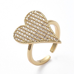 Golden Adjustable Brass Cuff Finger Rings, with Micro Pave Cubic Zirconia, Heart, Clear, Golden, US Size 6(16.5mm)