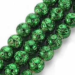 Vert Brins de perles de pierre de lave naturelle galvanisées, ronde, cahoteuse, verte, 8~8.5mm, Trou: 1mm, Environ 46 pcs/chapelet, 14.5 pouce