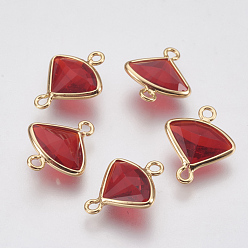 Red Glass Links connectors, with Brass Findings, Faceted Fan, Nickel Free, Real 18K Gold Plated, Red, 12.5x10x3mm, Hole: 1mm