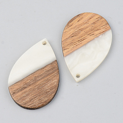 Floral White Opaque Resin & Walnut Wood Pendants, Teardrop, Floral White, 35.5x24.5x3mm, Hole: 2mm