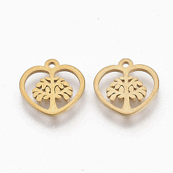 Golden 201 Stainless Steel Charms, Heart with Tree of Life, Golden, 10x10x1mm, Hole: 1mm