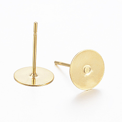 Real 24K Gold Plated 304 Stainless Steel Stud Earring Findings, Flat Round, Real 24K Gold Plated, 12x8x0.3mm, Pin: 0.8mm