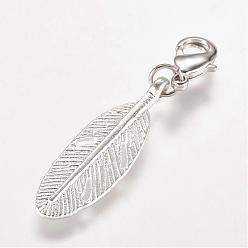 Antique Silver Alloy Pendant, with Brass Lobster Claw Clasps, Feather, Antique Silver, 43mm