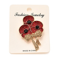 Light Gold Alloy Brooches, with Rhinestone and Enamel, Remembrance Poppy Flower Badge, Light Gold, 52.5x35.5x8.5mm