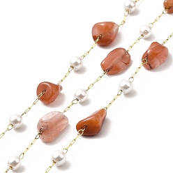 Carnelian Ion Plating(IP) 316 Surgical Stainless Steel Paperclip Chains, with Natural Carnelian Nuggets Beads and Glass Beads, Soldered, Real 18K Gold Plated, with Spool, Link: 2.5x1x0.5mm
