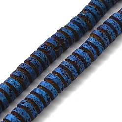 Blue Plated Electroplated Natural Lava Rock Beads Strands, Flat Round/Disc, Heishi Beads, Blue Plated, 7x3mm, Hole: 3mm, about 123pcs/strand, 16.14''(41cm)