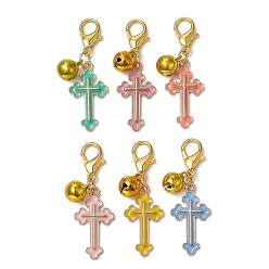 Mixed Color Cross Alloy Enamel Pendants Decorations, with Alloy Lobster Claw Clasps and Brass Bell Charm, Mixed Color, 41mm, 6pcs/set