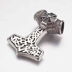 Antique Silver 304 Stainless Steel Big Pendants, Thor's Hammer with Cross, Antique Silver, 39x54x20mm, Hole: 11mm