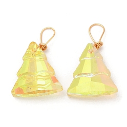 Yellow Glass Pendants, with Light Gold Brass Loops, Christmas Tree Charms, Yellow, 21~22x13~13.5x5~5.5mm, Hole: 5x3.5mm