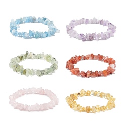 Mixed Stone 6Pcs 6 Style Natural Mixed Gemstone Chips Stretch Bracelets Set, Chakra Yoga Theme Jewelry for Men Women, Inner Diameter: 2-1/4 inch(5.7cm), 1Pc/style