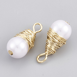 Real 18K Gold Plated ABS Plastic Imitation Pearl Pendants, with Brass Wire, teardrop, Real 18K Gold Plated, 17.5~19x8x8mm, Hole: 2~3mm