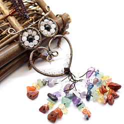 Rose Quartz Rose Quartz Owl Pendant Decorations, Colorful Gemstone Chip Beaded Tassel Hanging Ornament, with Metal Frame, 180mm