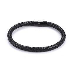 Black Man's Braided Leather Cord Bracelets, with 304 Stainless Steel Magnetic Clasps, Black, 8-1/4 inch(21cm), 6mm