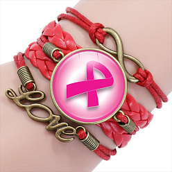 Red Imitation Leather Multi-strand Bracelets for Women, October Breast Cancer Pink Awareness Ribbon Alloy Glass Bracelet, Red, 6-1/4 inch(16cm)