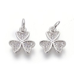Platinum Brass Micro Pave Cubic Zirconia Charms, Lead Free & Cadmium Free, Clear, Clover, Platinum, 11.5x10x2mm, Hole: 3mm