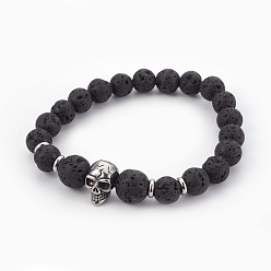 Lava Rock Natural Lava Rock Beads Stretch Bracelets, with 304 Stainless Steel Finding, Skull, 2 inch(5.2cm)
