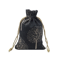 Noir Sacs de rangement en coton et lin, poches à cordon, sac d'emballage, modèle de l'arbre de vie, noir, 18x13 cm