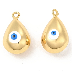 White Brass Pendants, with Enamel, Real 18K Gold Plated, Long-Lasting Plated, Teardorp with Evil Eye Charm, White, 26x15.5x15mm, Hole: 2.6mm