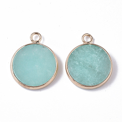 Pale Turquoise Natural White Jade Pendants, with Golden Tone Brass Open Back Bezel, Dyed, Flat Round, Pale Turquoise, 20.5x16.5x4mm, Hole: 2mm
