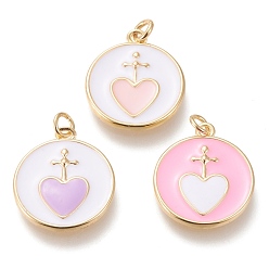 Mixed Color Brass Pendants, with Enamel and Jump Rings, Long-Lasting Plated, Flat Round with Heart, Golden, Mixed Color, 20.5x18x2mm, Hole: 3mm